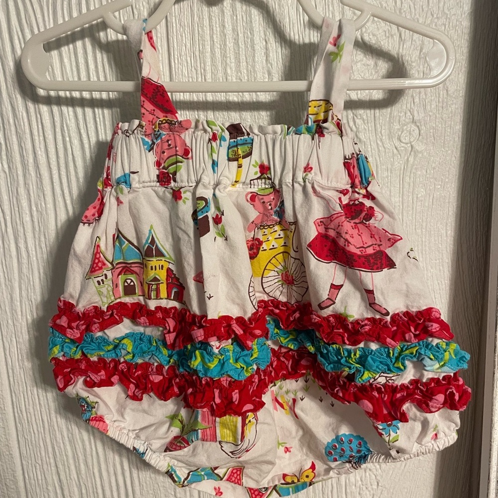 Natalie Grant White Ruffle Romper with Pink & Blue Playful Print 0-3 mo